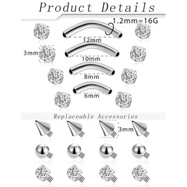 Wrlcorly Eyebrow Piercing Jewelry 16G Surgical Steel Curved Barbell Tiny Eyebrow Ring Vertical Labret Lip Rook Helix Conch Daith Earring Navel Belly Button Tongue Rings for Women Men 6mm/8mm/10mm/12mm