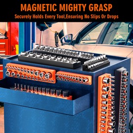 Magnetic Socket Organizer Holder Set – 8-Piece Tool Organizers Including 1/4", 3/8" and 1/2" Drive Socket Holder Metric & SAE 207 Pieces Socket Trays (Sockets are not Included)