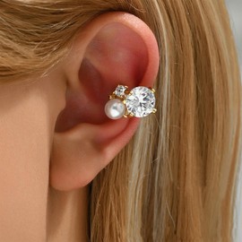 Ear Cuffs Non Piercing Non-Pierced Ear Cuffs with Pearl Rhinestone Cartilage Gold-Tone Clip-On Earrings for Women Trendy Adjustable Jewelry Gift 2025 Fashion