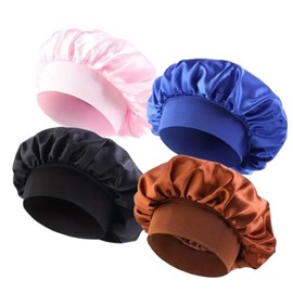 Boolavard 4 Pack Silk Bonnet for Sleeping Women Satin Bonnet Double Layer Satin Lined Hair Bonnet (UK, Alpha, One Size, Black+Light Brown+Pink+Royal Blue)