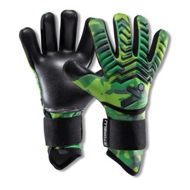 Storelli Electric Goalkeeper Gloves, High-Impact Hand Protection with 5 Removable Finger Spines, German Contact Latex, Wrist Strap, Extended Cuff, Youth & Adults, Unisex, 1 Pair, Green Camo, Size 8