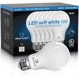 Great Eagle Lighting Corporation 100W LED Light Bulb Equivalent A19 Soft White 3000K Dimmable UL Listed (6 Pack)