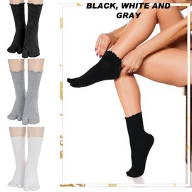 Bencailor 6 Pairs Tabi Split Toe Socks Ruffle Frilly Tabi Socks Elastic Cotton Sandal Socks for Men Women (Black, White, Gray)