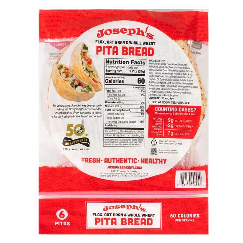 Joseph's Bakery Pita Bread, Flax Oat Bran & Whole Wheat,