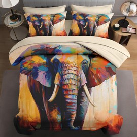 WeCozy 7 Pcs King Size Comforter Set with 2 Pillowcases & 2 Shams, Painting Animal Elephant Bedding for Kids and Adults, Natural Wildlife Bed in a Bag with Flat Fitted Sheet
