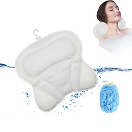 Bath Pillow, 4D Breathable Bath Pillow with 1 Shower Sponge, Bath Pillow, 6 Suction Cups, Bath Whirlpool Pillow, Shower Pillow, Neck Pillow, Spa Comfort Neck Pillow, Gift (White)
