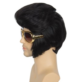 Koonfan Mens Male 50s 60s Rocker Style Wig Men's Short Black Costume Wig with Glasses