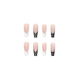 JUSTOTRY Pack of 24 Swirl Press On Nails Long, Black and White French Artificial Nails, Ballerina False Nails for Glue with Nail Glue, Coffin Fingernails Fake Nails for Women