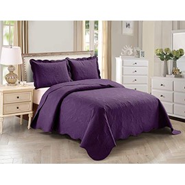 Home Collection 3pc King/Cal King Over Size Elegant Embossed Bedspread Set Light Weight Solid Dark Purple New# Stacy