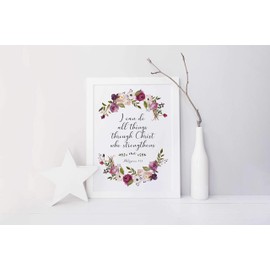 Philippians 4 13 Print, I Can Do All Things Through Christ Who Strengthens Me Poster Art A4 UNFRAMED, Crafty Cow Design