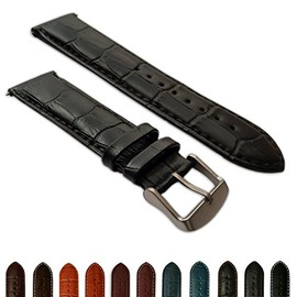 22mm Black Genuine Leather Mock Croc Watch Strap Band Mens Crocodile Padded Sandblasted Buckle