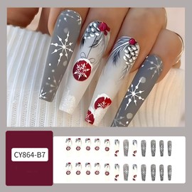 Christmas Press on Nails Long Coffin Fake Nails Square Full Cover Glue on Nails with Snowflake Rhinestones False Nails Long Camouflage Acrylic Nails Xmas Stick on Nails for Women