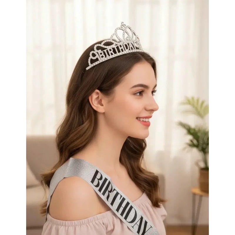Feliz Cumpleaños Corona Y Faja Para Mujer Diademas Fiesta Plata
