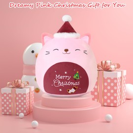 SQEQE Cat Stuffed Animal Pink Christmas Cat Plush Wearing Christmas Hat Kawaii Christmas Cat Plushie Toys Soft Plushie Decoration Gifts for Kids (Red Christmas Caticorn, 10 Inch)
