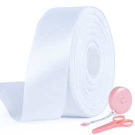 1 1/2 Inch x 50 Yards Satin Ribbon - Wide Solid Fabric Ribbon for Gift Wrapping, Wedding, Party Decorations, Hair Bows, Chair Sash, Crafts - Includes 1 Tape Measure and 1 Scissors (White)