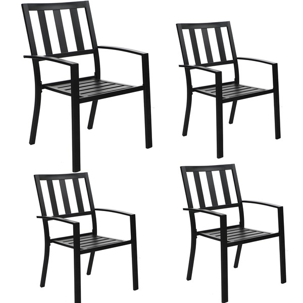 MFSTUDIO 4 Piece Black Metal Outdoor Furniture Patio Steel Frame Slat Seat Dining Arm Chairs with Angle Back,(Black)