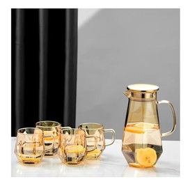 1.7 Liter/58oz Glass Pitcher with Lid Water Carafe Jug with Spout Handle for Hot/Cold Water Tea Beverage (Gold 5-Pcs/Set)