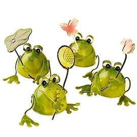 Cotrino 4 Small Frogs Bringing Good Luck Petite Figurine Present Great Decor Cute Frog Object Made of Tin (Leaves, Net, Flowers, Butterfly)