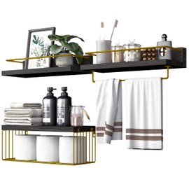 PopiShelves Bathroom Shelves Over Toilet for Wall, Floating Shelves with Storage Basket Paper Holer for Kitchen Living Room, Bedroom & Classroom, Set of 3 (Black and Gold)