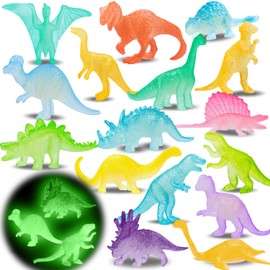 16PCS Glow in Dark Mini Dinosaur Figures for Kids Birthday Party Favors Supplies Dino Cupcake Topper Decoration Goodie Treat Bag Stuffers Pinata Fillers Treasure Carnival Prizes Small Bulk Toy Trinket