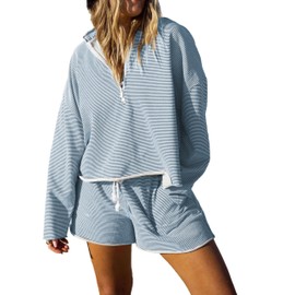 Bozanly Women's 2 Piece Outfits Casual Quarter Zip Long Sleeve Pullover and Drawstring Shorts Lounge Set(0895-BlueStripe-L)