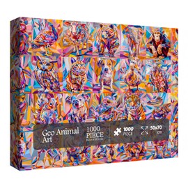 Funny Geometry Animal Puzzles for Adults 1000 Pieces, Colorful Art Puppy Bird Jigsaw Puzzle, Gradient Cat Dog Tiger Collage Puzzle for Home Decor