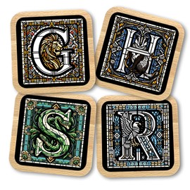 Harry The Wizard House Crest Coaster Set – Premium Wood and Metal Coasters- Gift Idea for Men & Women (Set of 4)