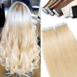 20inch Tape in Hair Extensions Human Hair #613 Bleach Blonde 100% Remy Real Hair Extension Skin Weft Seamless Soft Silky Straight(40pcs, 100g)