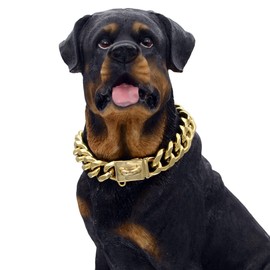 18K Gold Dog Chain Collar Walking Metal Chain Collar with Design Secure Buckle, Cuban Link Strong Heavy Duty Chew Proof for Dogs (16")