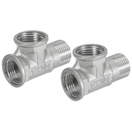 HARFINGTON 2pcs Tee Pipe Fitting G1/2" Female x G1/2" Female x G1/2" Male Stainless Steel 304 Tee Pipe 2" Length Cast Pipe Fittings Swivel Garden Hose Adapter for Water Oil Gas, Silver