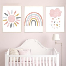 JEYORZY Children's Room Posters, Set of 3 Boho Rainbow, Sun & Cloud Decoration, Wall Pictures for Boys & Girls, Living Room, Bedroom, Without Frame, Stylish Wall Decoration