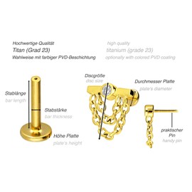 PIERCINGLINE Titanium Labret with Push Fit Bar + Crystal + 2 Chains Piercing Nose Ear Choice of Colours and Sizes, Titanium