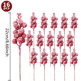 KKSTY Pack of 16 Artificial Frosted Red Berry Picks, 22cm Christmas Glitter Berries Stems Snowy Holly Berry Branches for Xmas Tree Decoration DIY Crafts Wreath Making Supplies Home Decor