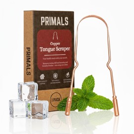 PRIMALS Copper Tongue Scraper - Fresher Breath & Improved Oral Health - Natural Ayurvedic Cleaner for Daily Detox - Rust-Resistant, Eco-Friendly with Travel Cloth Pouch Included (1 Count)