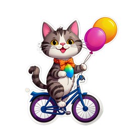 Cute Hello Cat on Bicycle Decorative 5 inches Vinyl Decal Sticker, Cartoon Design with Balloons, Die-Cut,SUV, Van, Window, Bumper, Wall, Laptop, Tablet, Cup,Tumbler Or Any Smooth Surface