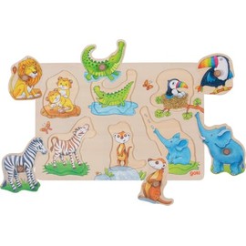 goki 57310 - Background Picture Puzzle Wild Animal Babies - Puzzle for Toddlers with Animal Motifs and Wooden Handles