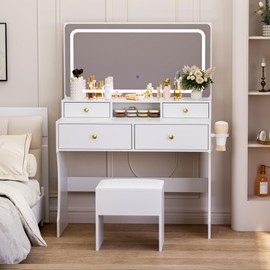 Pamapic Vanity Desk with Mirror and Lights,4 Drawers Golden Handles Makeup Vanity with Storage Stool,Power Outlet,3 Lighting Modes,Silent Slides