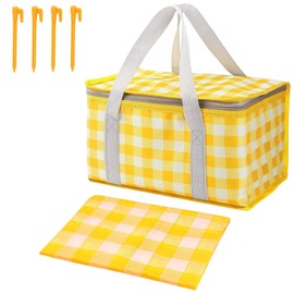 Insulated Picnic Bag with Leakproof Liner Foldable Reusable Cooler Basket Includes Disposable Picnic Mat Sturdy Handle Ideal for Outdoor Activities Travel Beach Camping (Yellow)