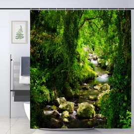 JOOCAR Shower Curtain, Green Nature Forest Jungle Tropical Rainforest Woodland Stream Flowing Mossy Rocks Summer Landscape Scenery, Waterproof Cloth Fabric Bathroom Decor Set with Hooks, 180x200cm