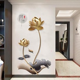 COVPAW® Wall Sticker XXL Lotus Gold Flowers Wall Sticker Mural Pictures Living Room Bedroom Decoration