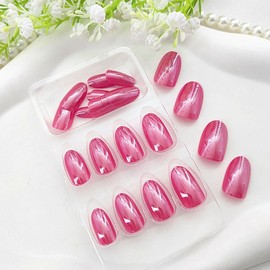 Round Press on Nails Short Medium False Nails Chrome Glue on Nails Rose Red Full Cover Nails Press ons Glossy Designs Oval Fake Nails Cute Short Oval Medium Stick on Nails for Women and Girls 24Pcs