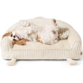 EHEYCIGA Cute Cat Couch Beds for Indoor Cats - Striped Dog Bed Medium Size with Washable Removable Cover, Shredded Memory Foam Waterproof Dog Couch with Non-Slip Bottom, 30 Inch Cream