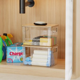 Riian Trash Bag Dispenser,Trash Bag Holder,Stackable Garbage Bag Holder With Bamboo Top,Acrylic Storage Container for Under Sink Bag Storage Organizer ,Laundry Room Organization and Storage