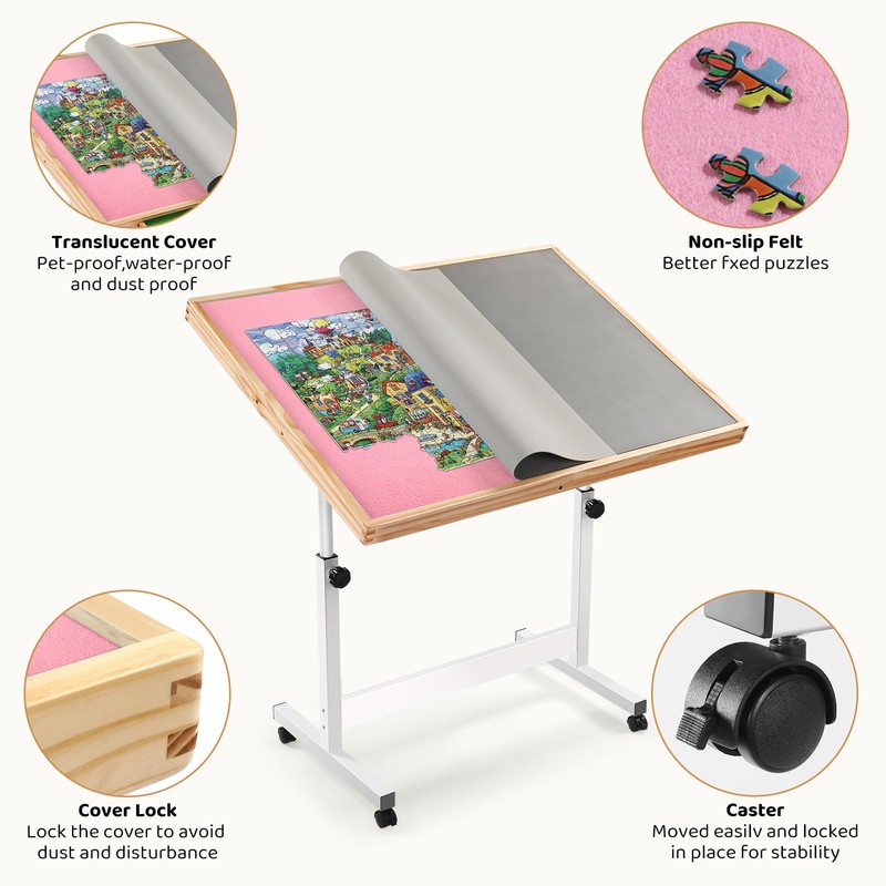 Vasitelan Adjustable Wooden Jigsaw Puzzle Table with Wheels, Puzzle Tables