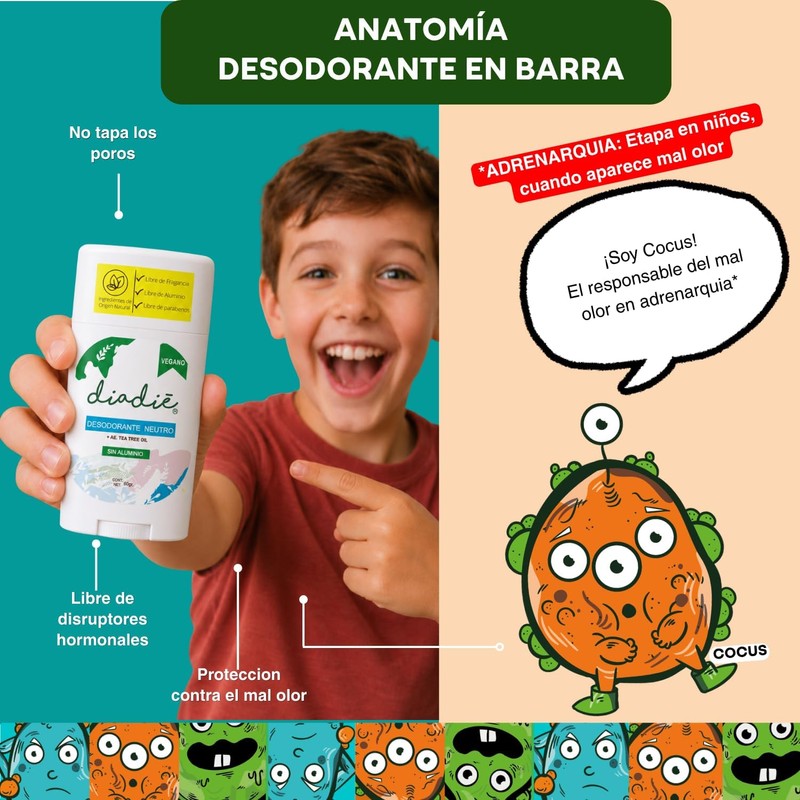 DIADIE KIDS Desodorante natural para Niños, Barra, Neutro 1 Pza
