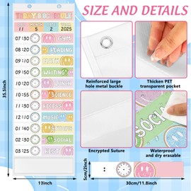JarThenaAMCS Pastel Smile Face Daily Schedule Pocket Chart 13 x 35.5 In Glitter 13 + 1 Pocket Visual Schedule Chart Board with 24 Card for Classroom Home Office Supplies