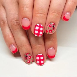 Mkwntg 24Pcs Spring Flower Press on Nails Short Square Fake Nails with Ladybug Lattice Design Red French Tip Pink Nude False Nails Summer Floral Full Cover Glossy Glue on Nails for Women Manicure DIY