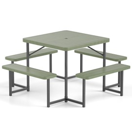 Byroce Outdoor Picnic Table for 4-8 Person, HDPE Picnic Camping Table Set with 4 Benches, Umbrella Hole & Metal Frame, Heavy Duty Square Dining Table Chairs for BBQ in Patio, Yard & Poolside (Green)