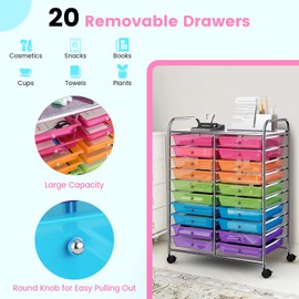 COSTWAY 20-Drawer Rolling Storage Cart, Utility Storage Organizer Cart for Tools, Scrapbook, Paper, Craft, Multipurpose Storage Trolley on Wheels for Home Office School (Rainbow)
