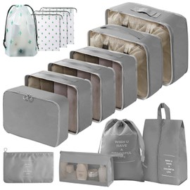Gemtte Suitcase Organiser Set, 14 Pieces Waterproof Packing Cubes, Multifunctional Travel Packing Cubes, Suitcase Organiser Packing Bags for Suitcases, Travel Organiser Set with Clothes Bags (Grey)